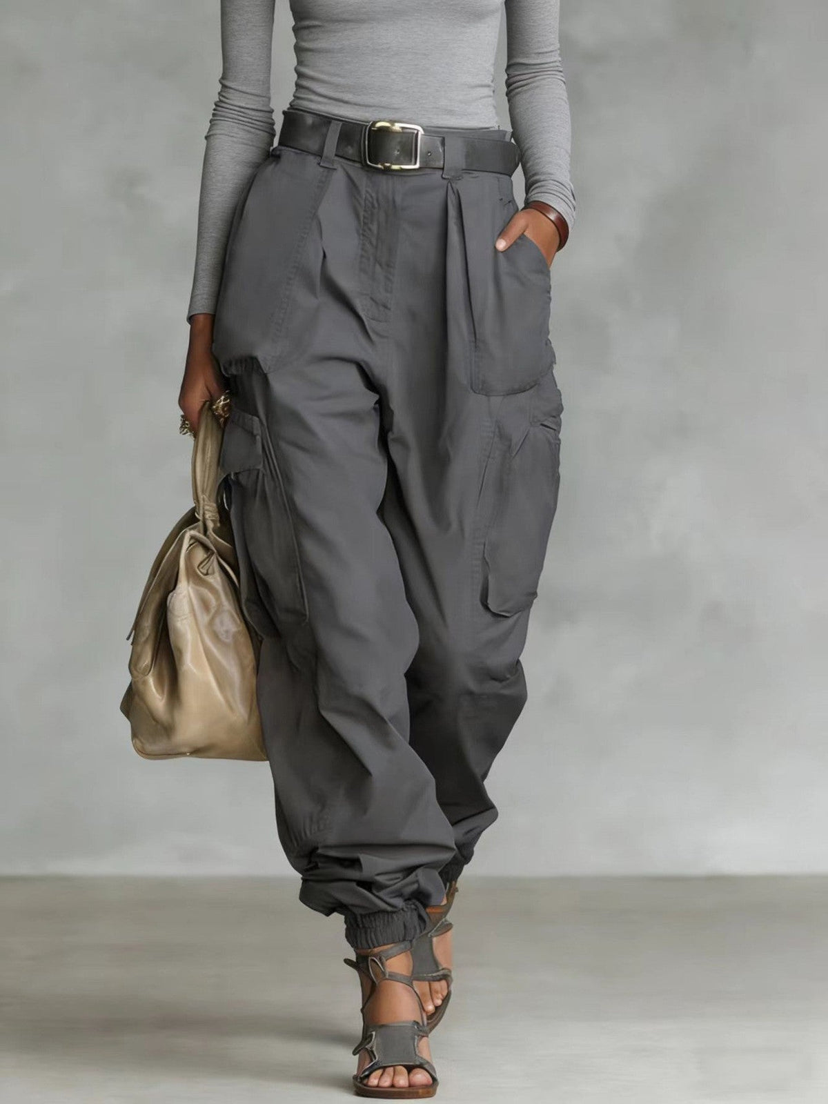 Women's High-Waist Beige Cargo Joggers with Elastic Cuffs - Image 7