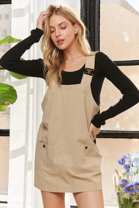 Stevvex adjustable wide strap square neck overall dress in a modern, casual style