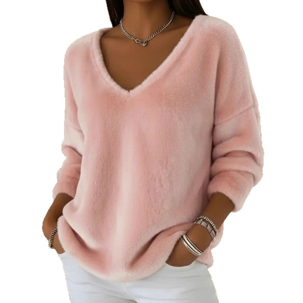 Women’s Plush V-Neck Drop Shoulder Pullover Sweater in Pink - Image 2
