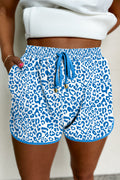 Blue Leopard Elastic Waistband Lace-Up Shorts