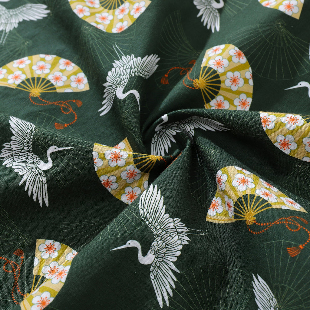 Men's Luck of the Cranes Cotton Aloha Shirt Dark Green