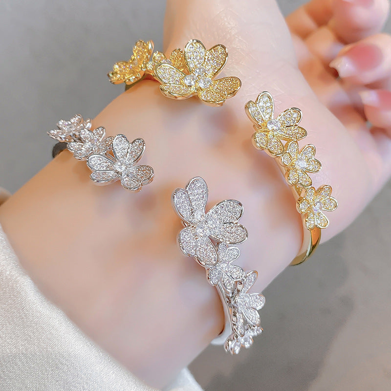 Three Flower Zirconia Open Bracelet For Women, 18K Gold, Six Flower Three-Leaf Zirconia Inlaid Bracelet, Open Bracelet