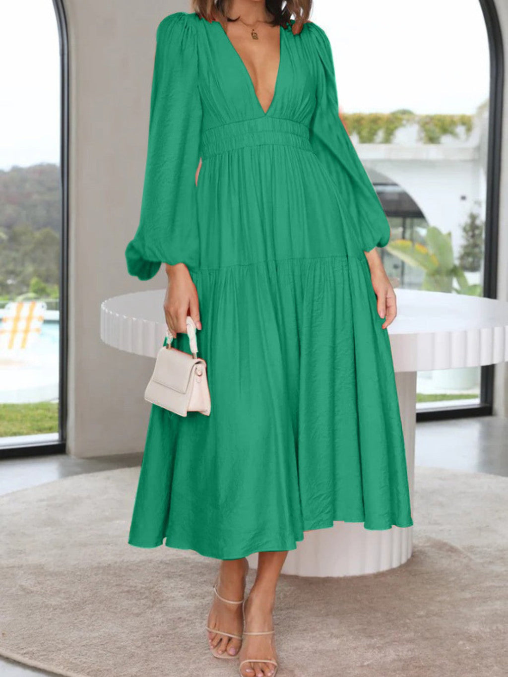 Bohemian Deep V-Neck Maxi Dress with Dramatic Balloon Sleeves