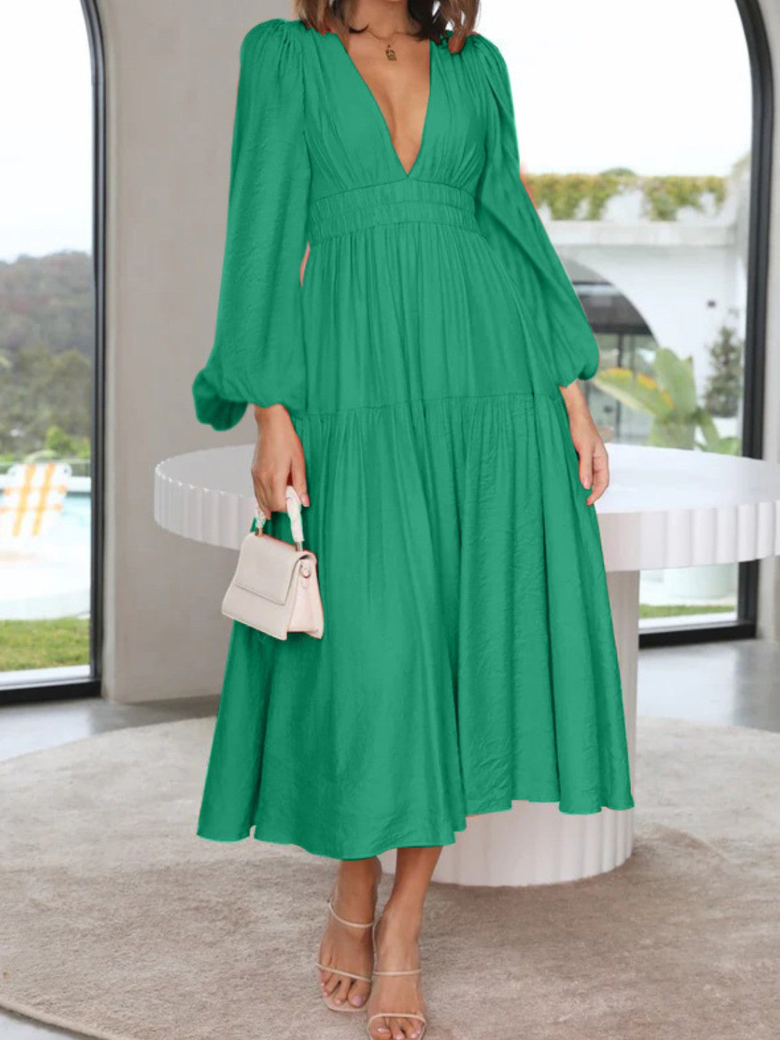 Bohemian Deep V-Neck Maxi Dress with Dramatic Balloon Sleeves