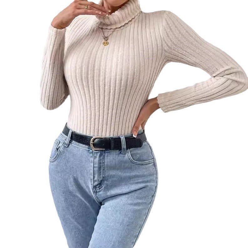 French Style Turtleneck Long Sleeve Knitted Jumpsuit in Apricot