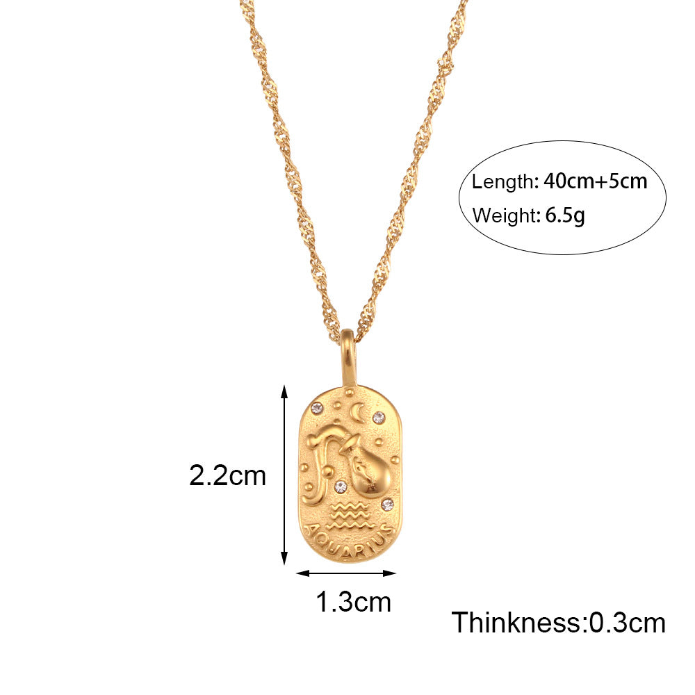 European And American Ins Fashion Minimalist Retro Pendant Jewelry Stainless Steel Cast Oval Brand Zircon Constellation Necklace