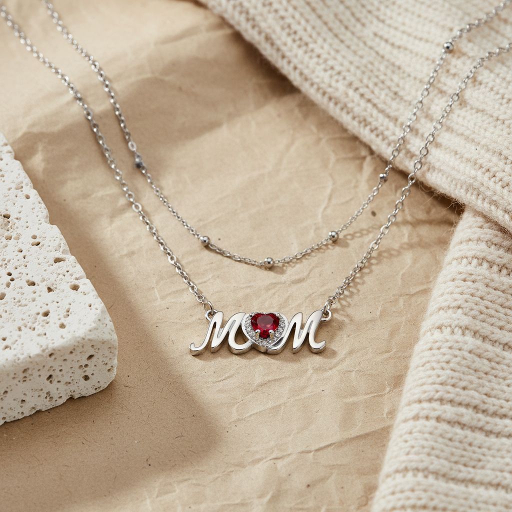 Moms Loving Heart Red Diamond Double-Layer Layered Necklace For Women