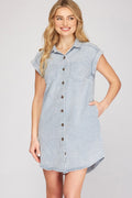 Blue grey button-down shirt dress with folded cuffs and collar