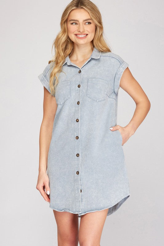 Blue grey button-down shirt dress with folded cuffs and collar