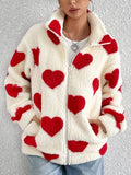 Woman wearing a trendy white heart-patterned zip-up faux fur jacket in a Y2K streetwear style
