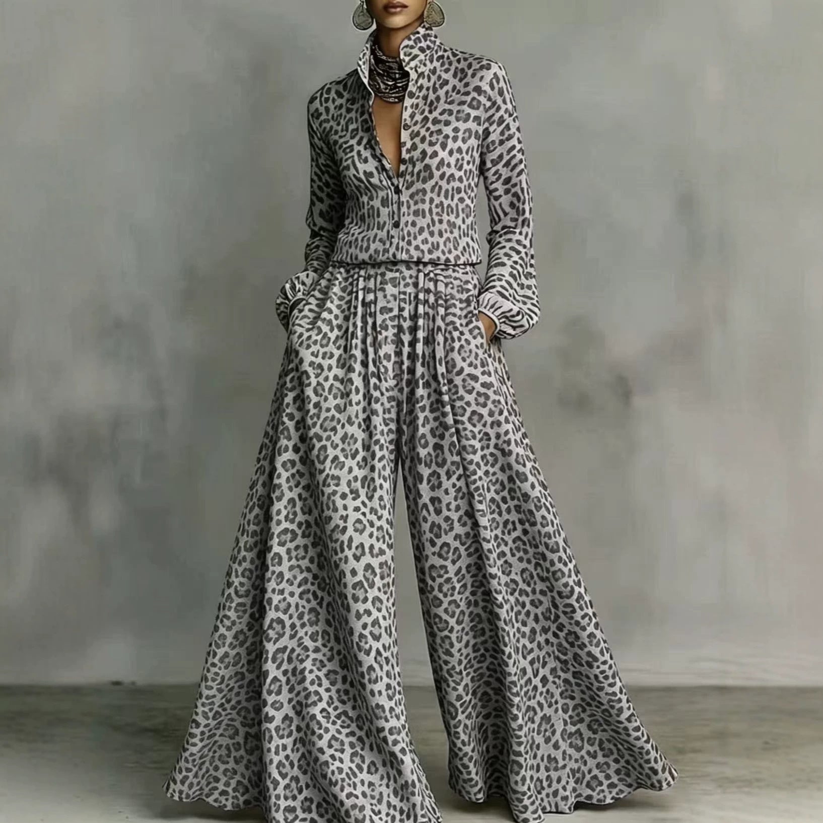 Leopard Print Wide-Leg Pants Set - Bohemian Casual Two-Piece
