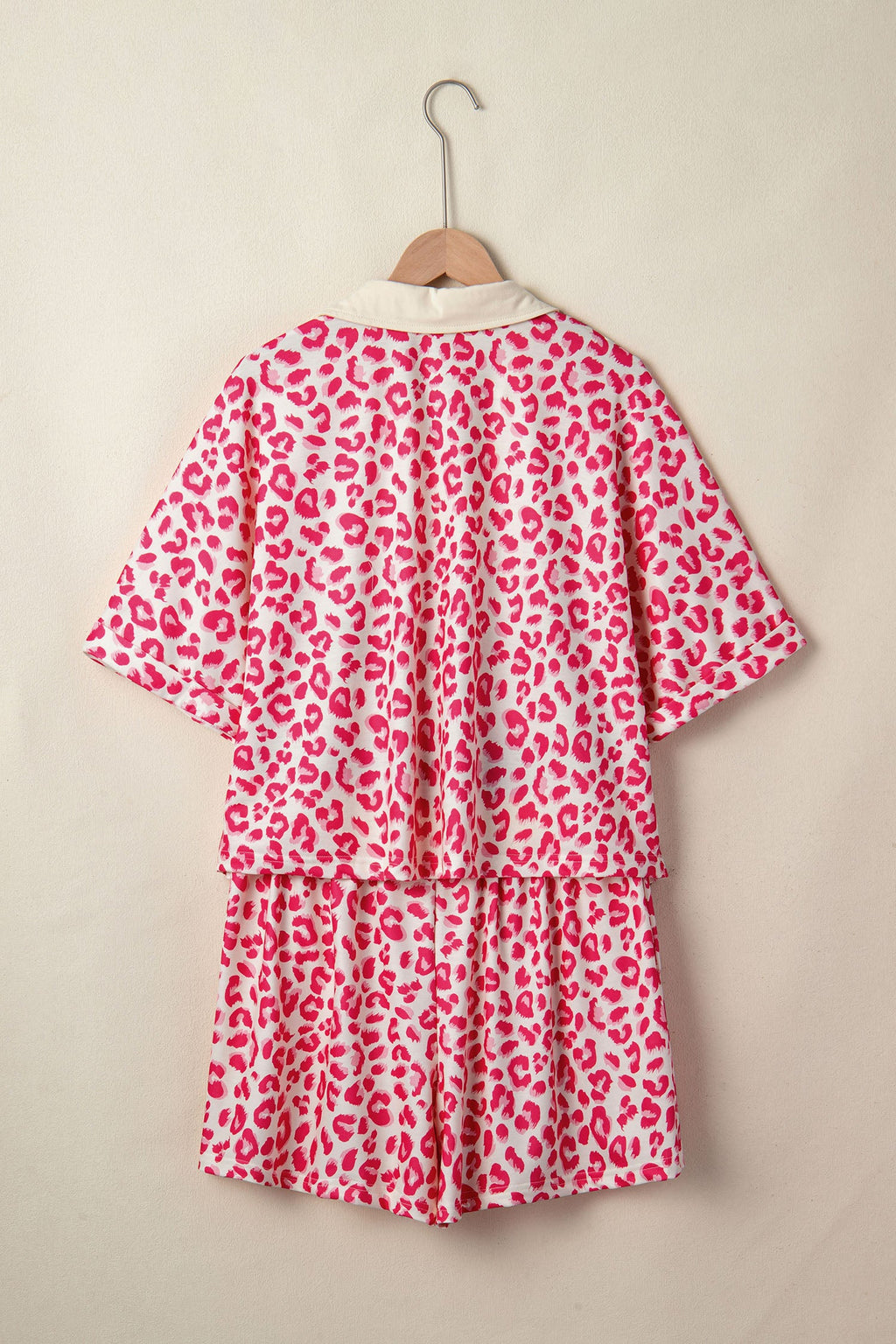 Pink Leopard Print V-Neck Collared Top and Shorts Set - Image 3