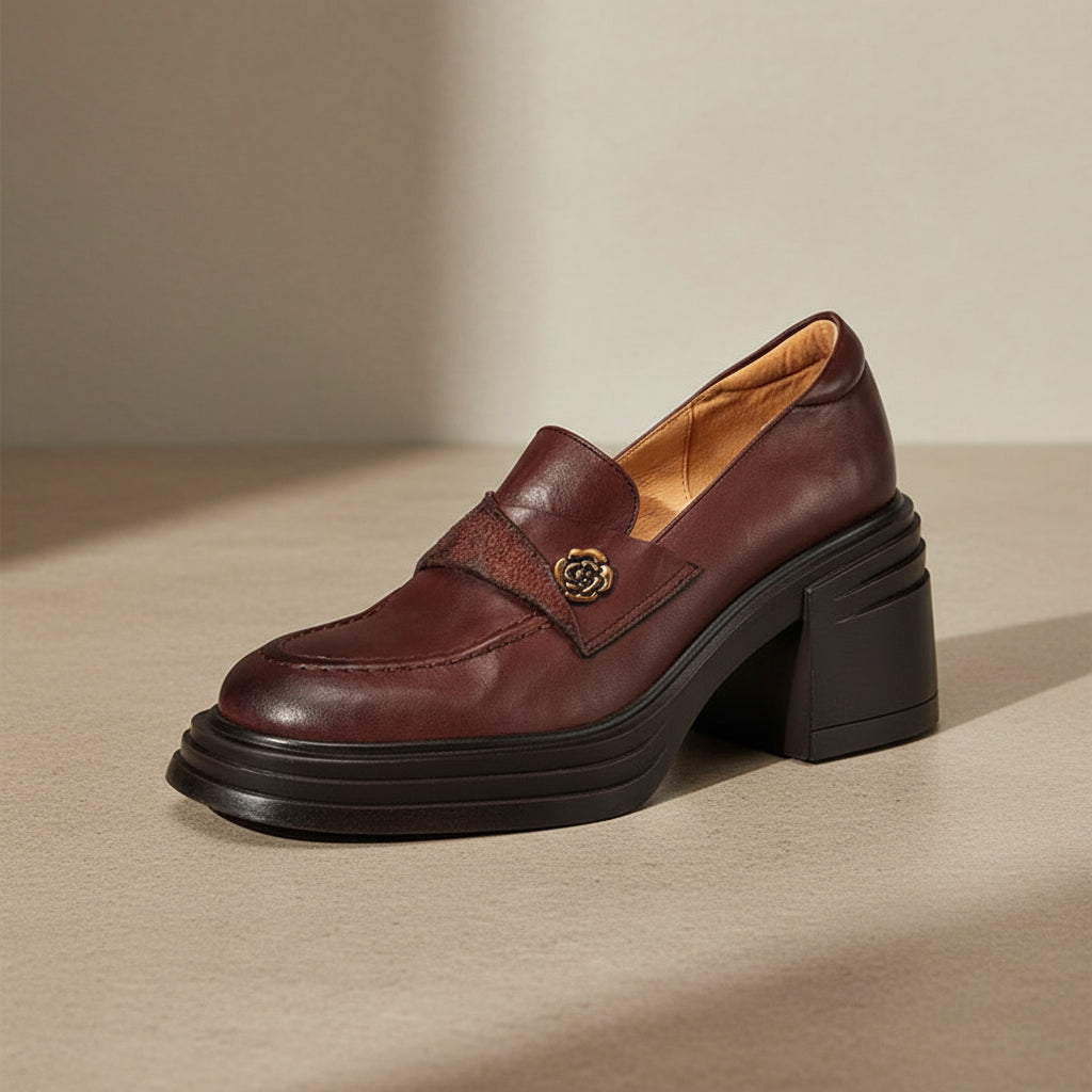 Women’s Vintage Maroon Leather Chunky Heel Loafers Retro Style - Image 5