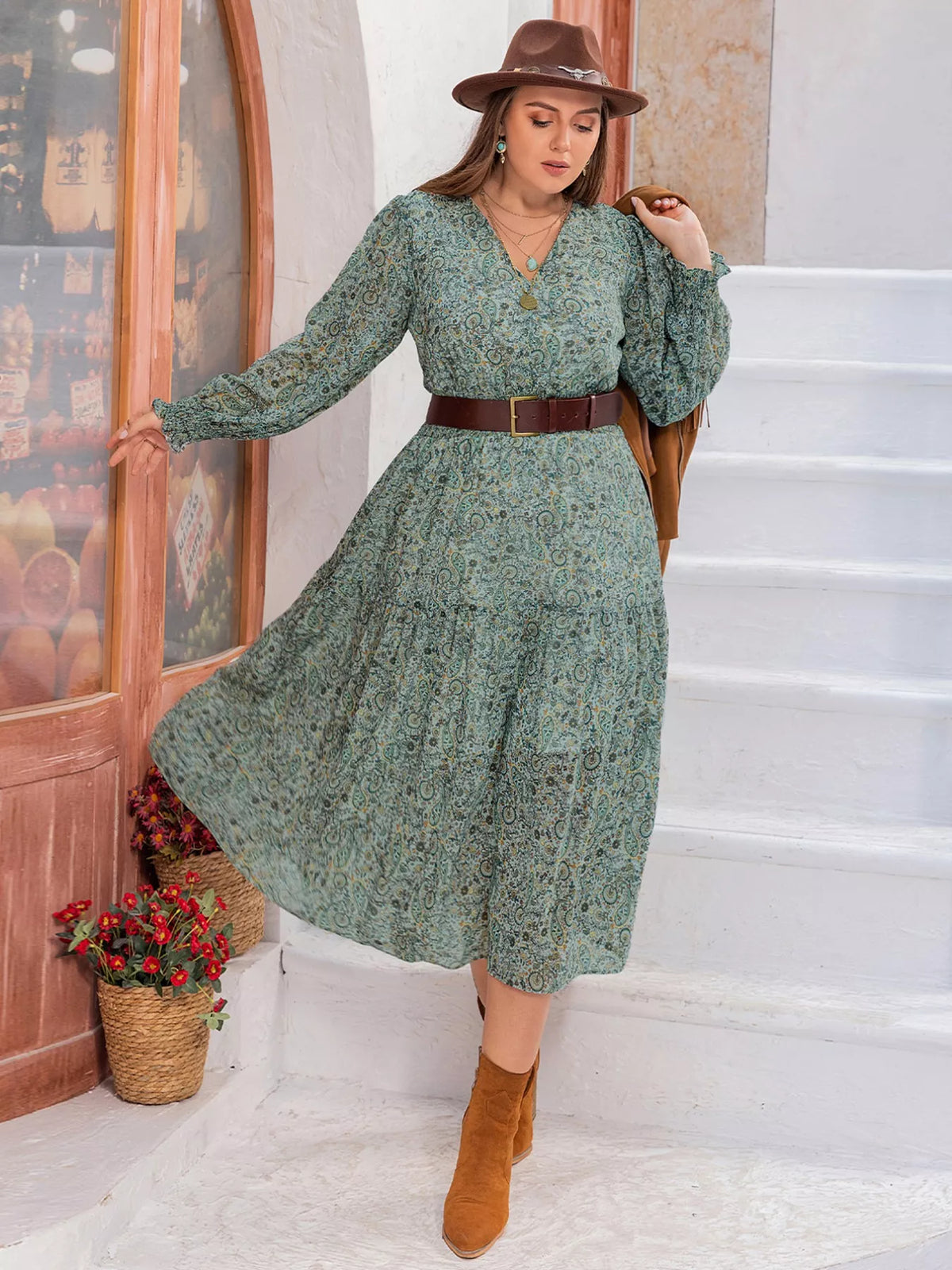 Plus Size Printed V-Neck Long Sleeve Midi Dress