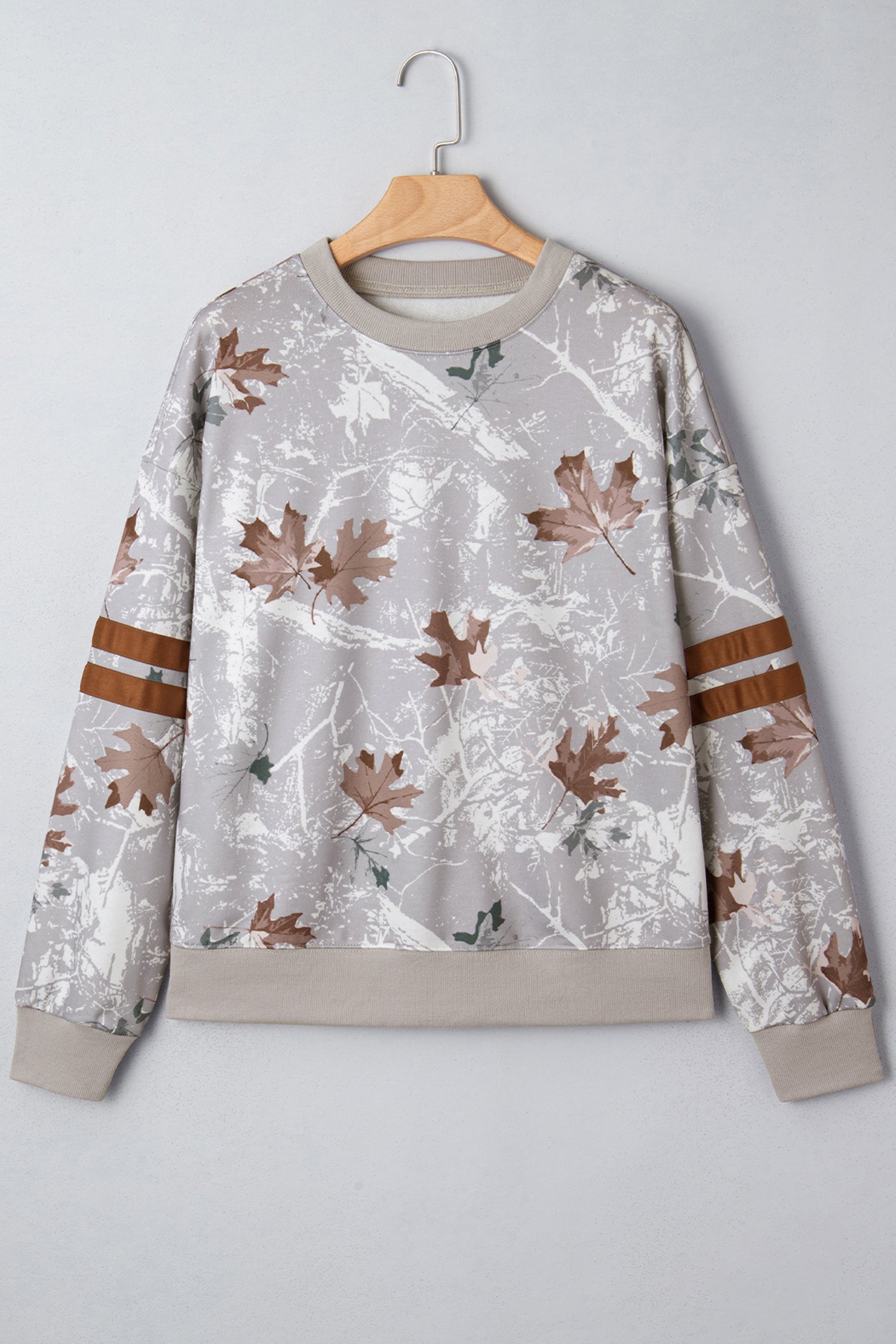 Gray Maple Leaf Camo Varsity Striped Sleeve Sweatshirt