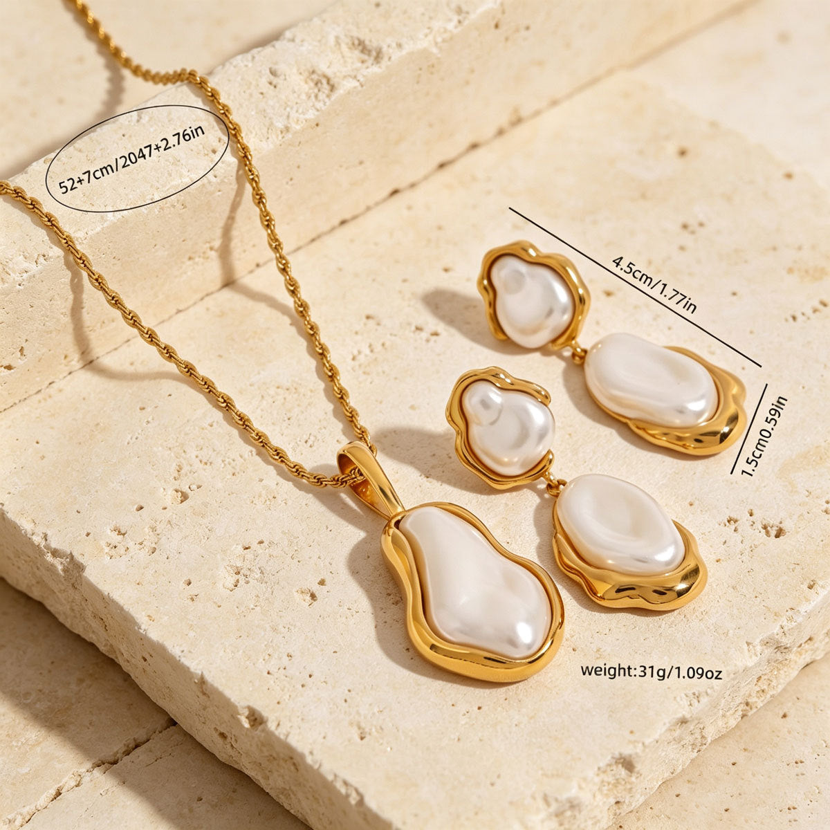 Women Irregular Faux Baroque Pearl 2Pcs Jewelry Set, Twisted Chain Necklace Double Drop Earrings PVD Gold Plated For Daily Wedding Gift