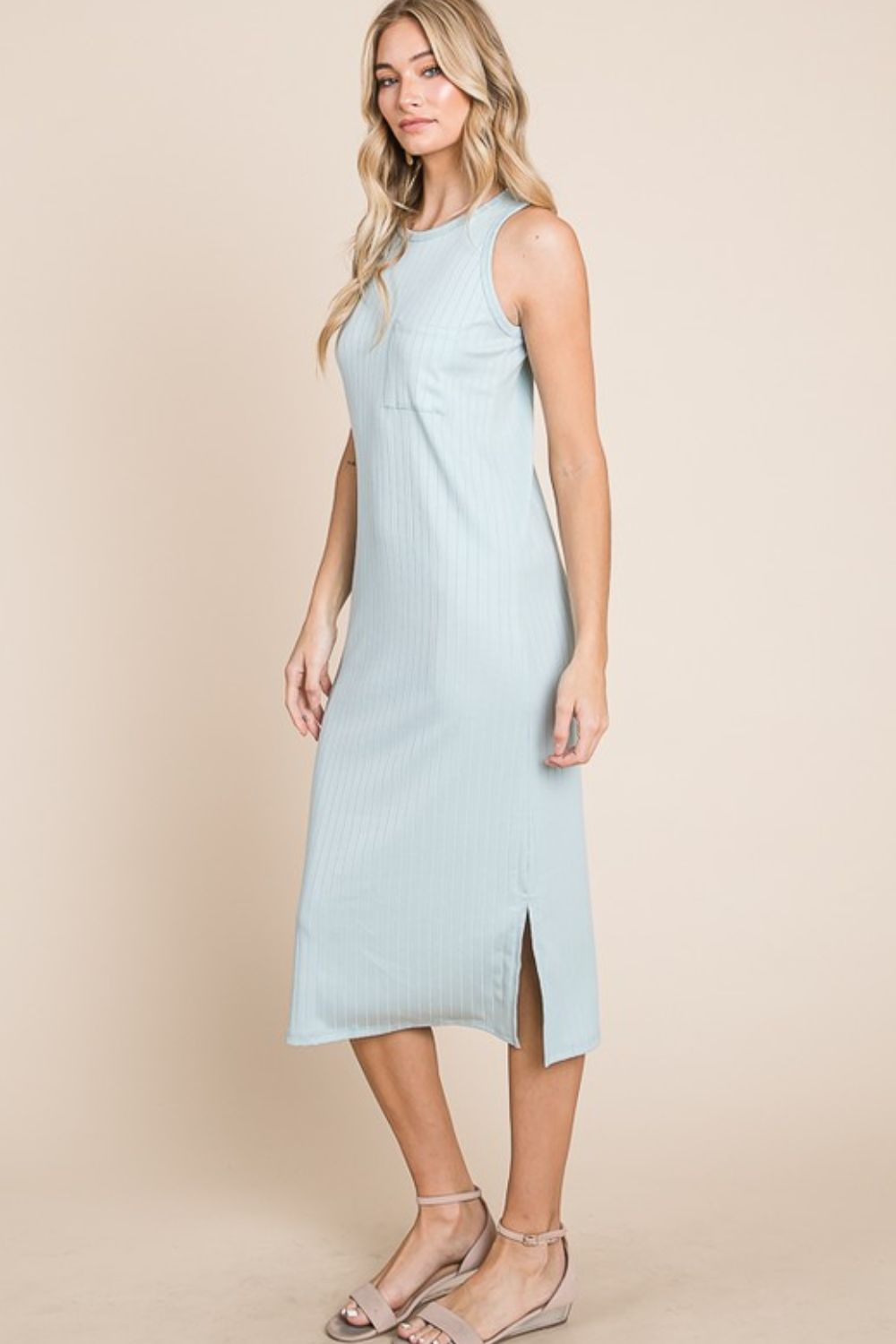 Light-Blue Ribbed Knit Sleeveless Midi Dress