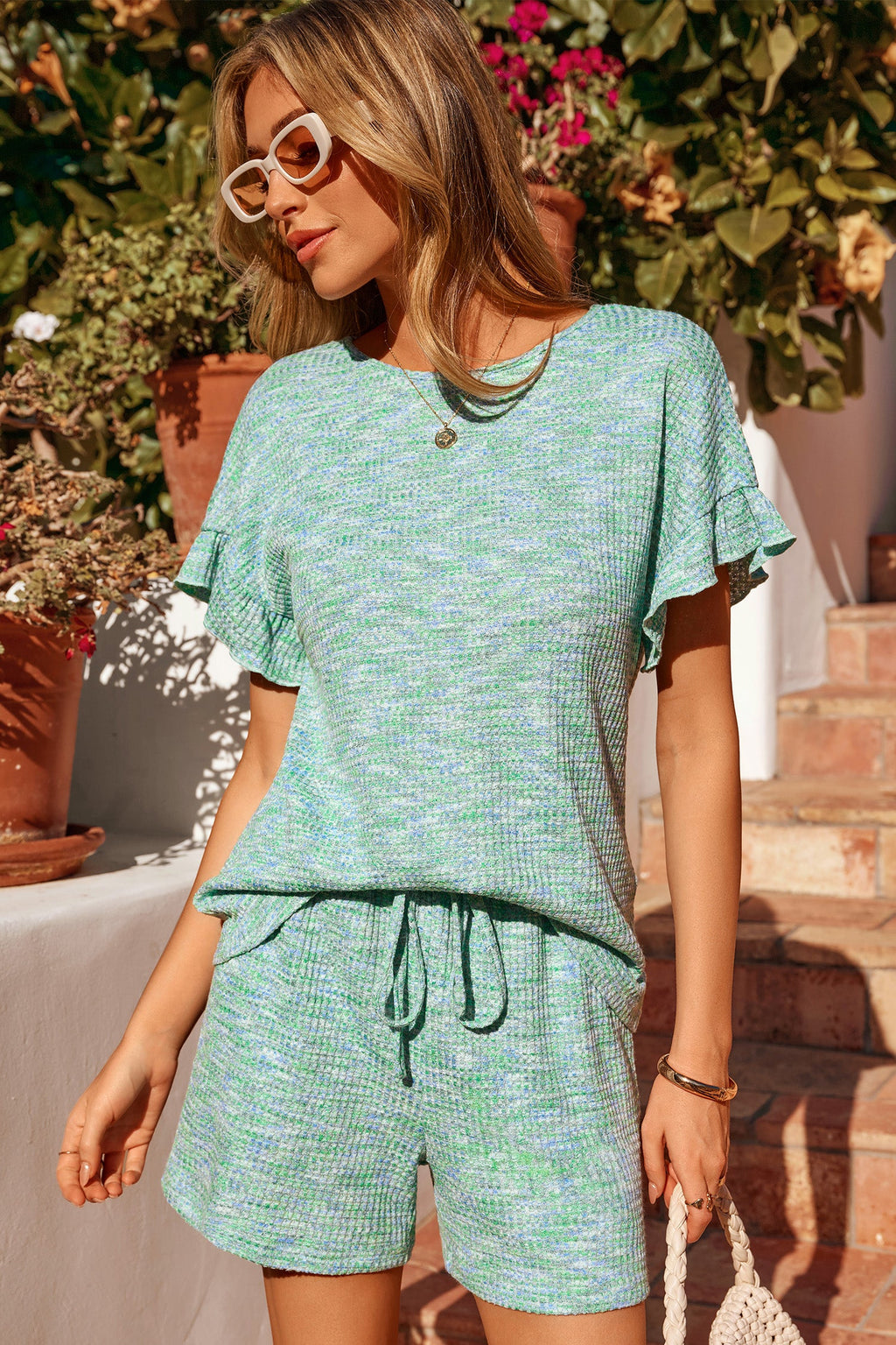 Light Pink Heather Ruffle Sleeve Top & Drawstring Shorts Set