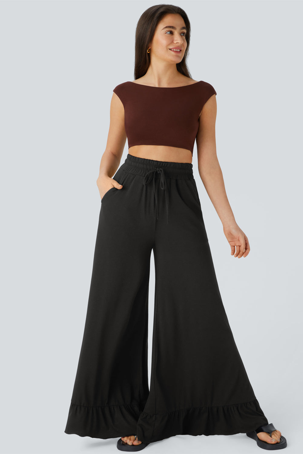 Women’s Wide Leg Knit Pants with Ruffle Hem - Relaxed Bohemian Style