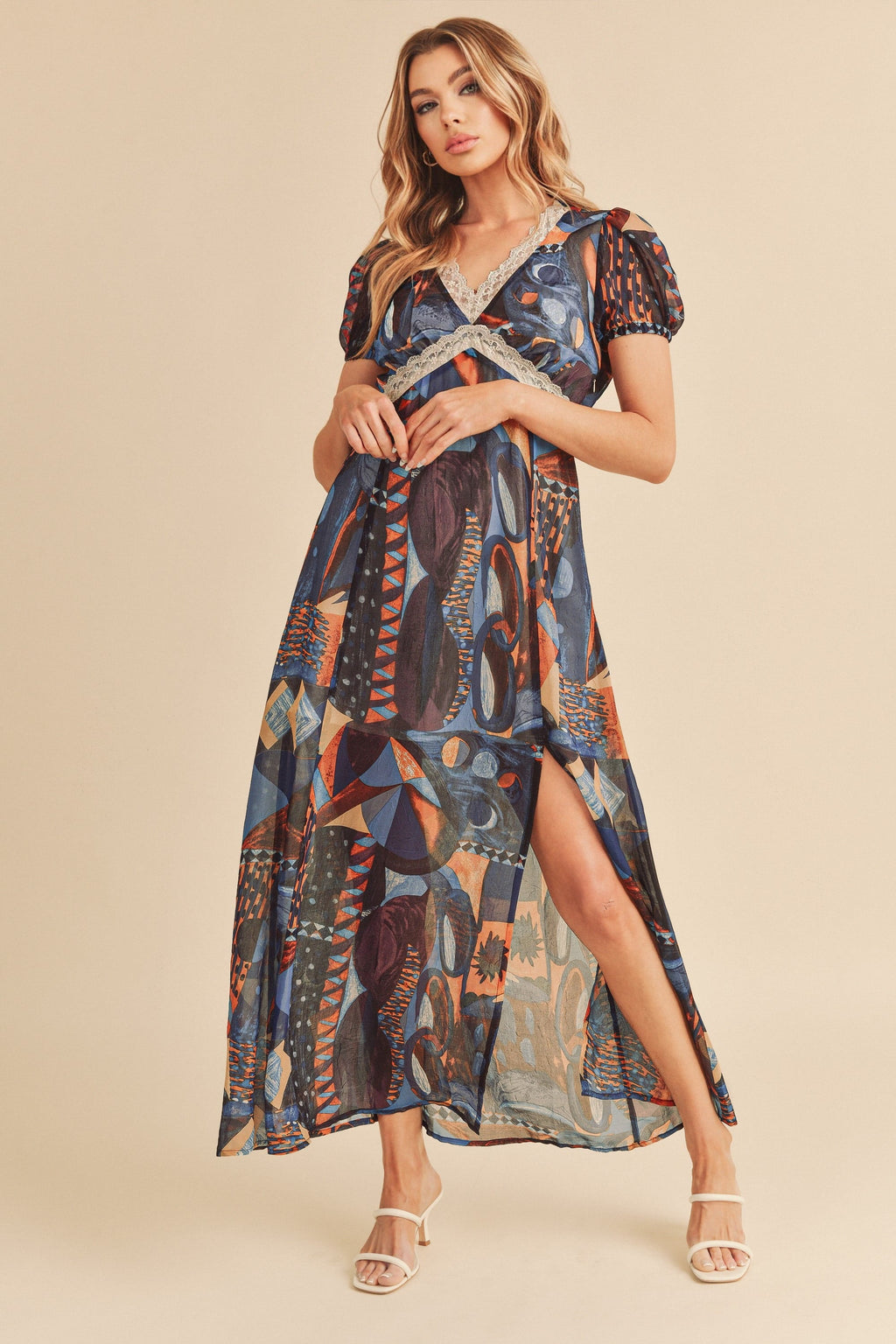 Geometric Print Maxi Dress with Lace Detail and Slit
