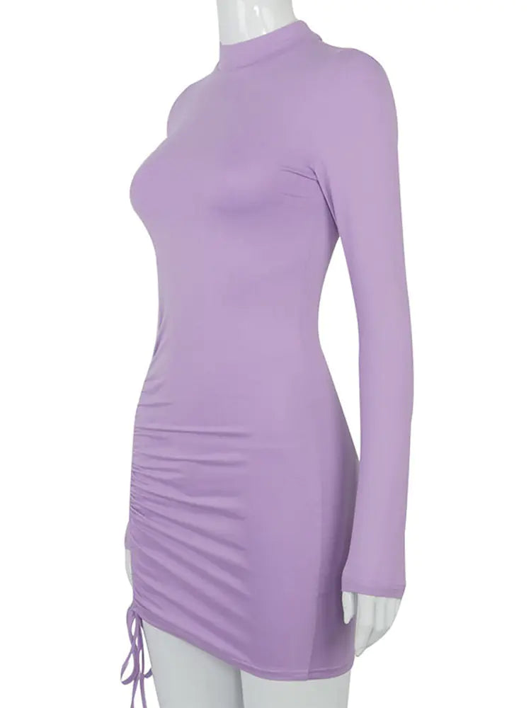 Black Turtleneck Ruched Bodycon Mini Dress for Women