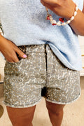 Khaki Raw Edge Leopard Print Denim Shorts