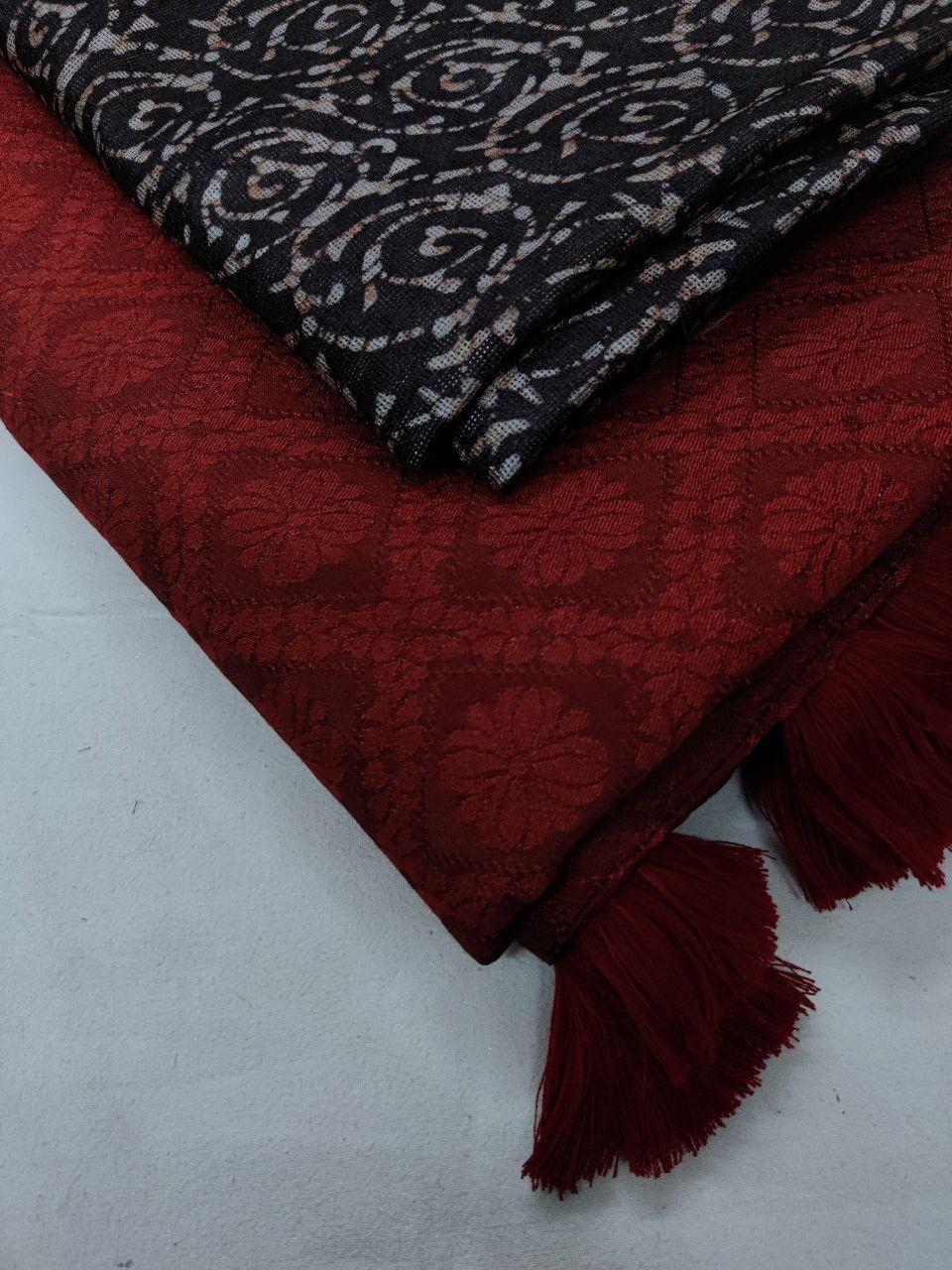 Red Jute Silk Saree with Woven Jacquard and Batik Blouse