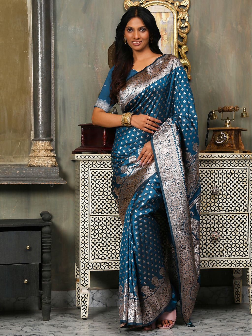 Royal Blue Banarasi Silk Saree with Matching Blouse Piece