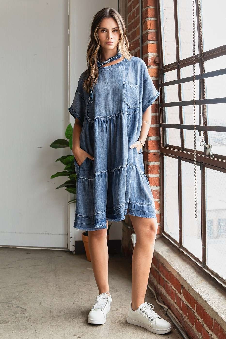 Oversized Denim Mini Dress: Relaxed Bohemian Shift Dress in Blue