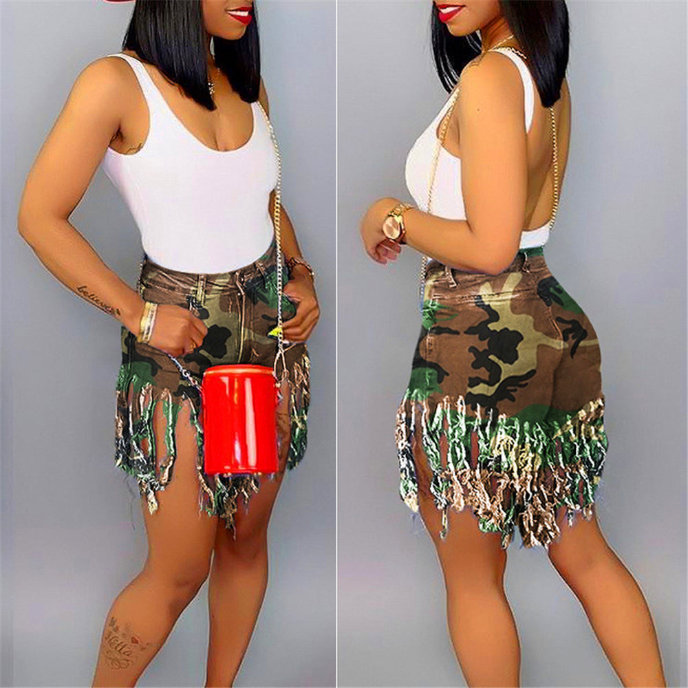 Fringed Women's Denim Shorts - Casual Straight-Leg Pants