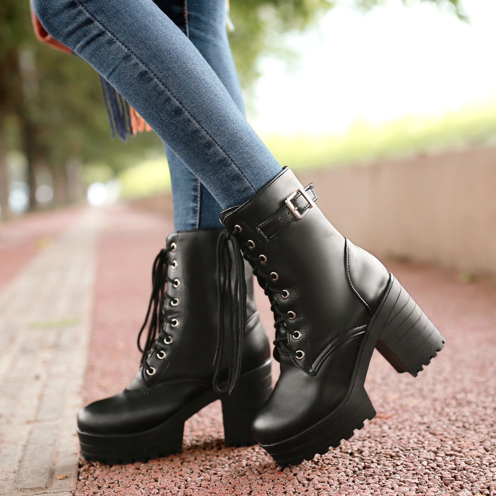Women’s Chunky Heel Lace Up Martin Boots Platform Ankle Booties - Image 3