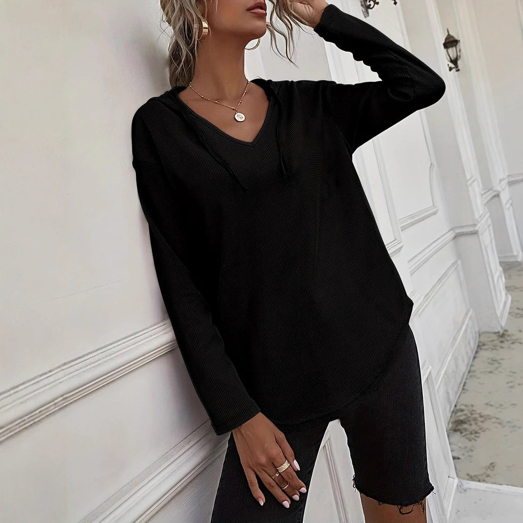 V-Neck Pullover Hoodie with Drawstring Detail in Knit
