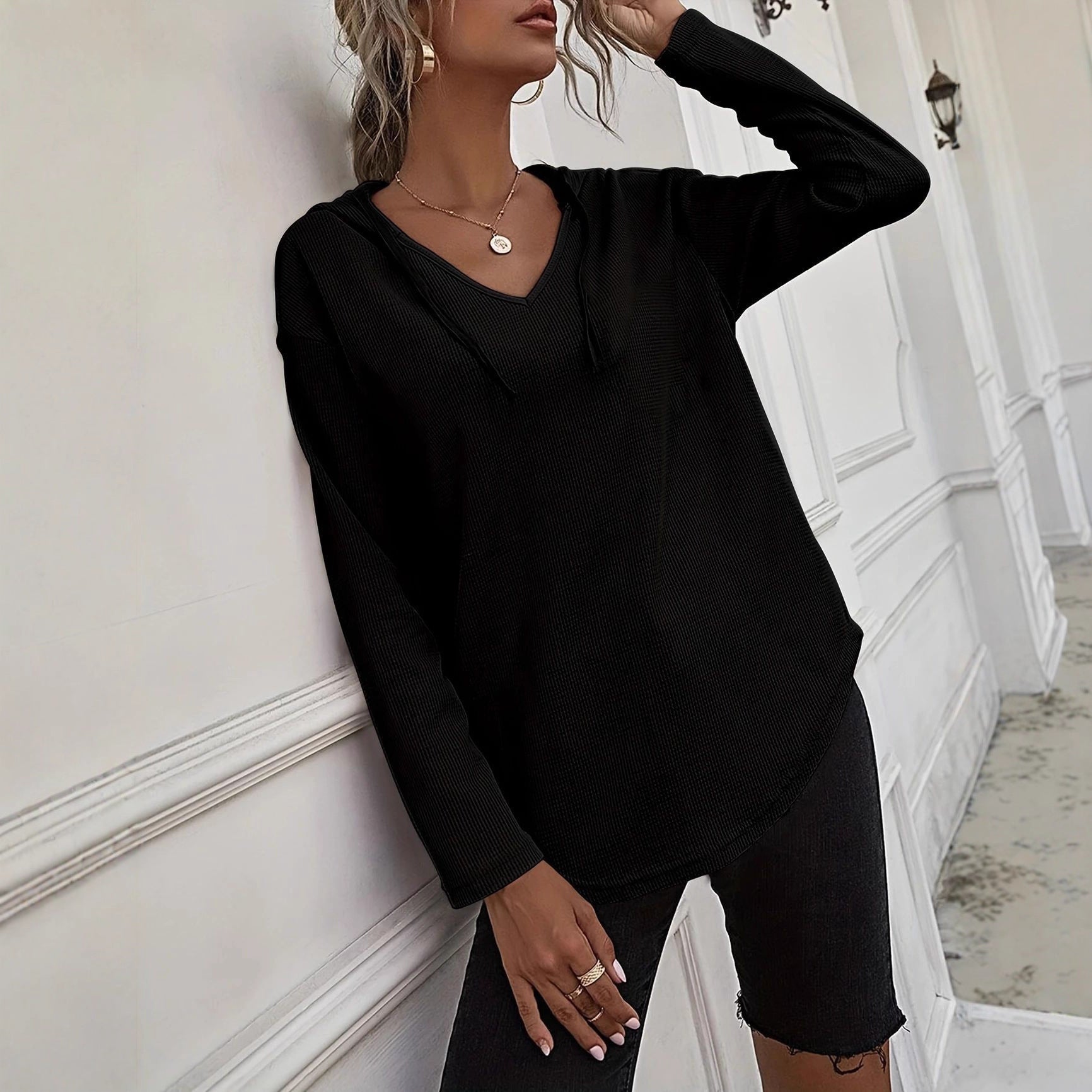 V-Neck Pullover Hoodie with Drawstring Detail in Knit