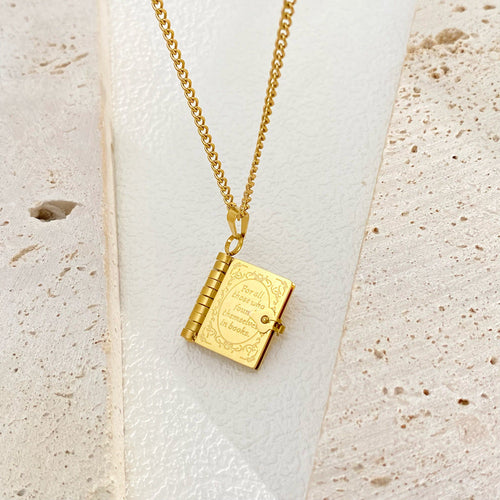 18k Gold Plated Locket Book Pendant Necklace Titanium Steel