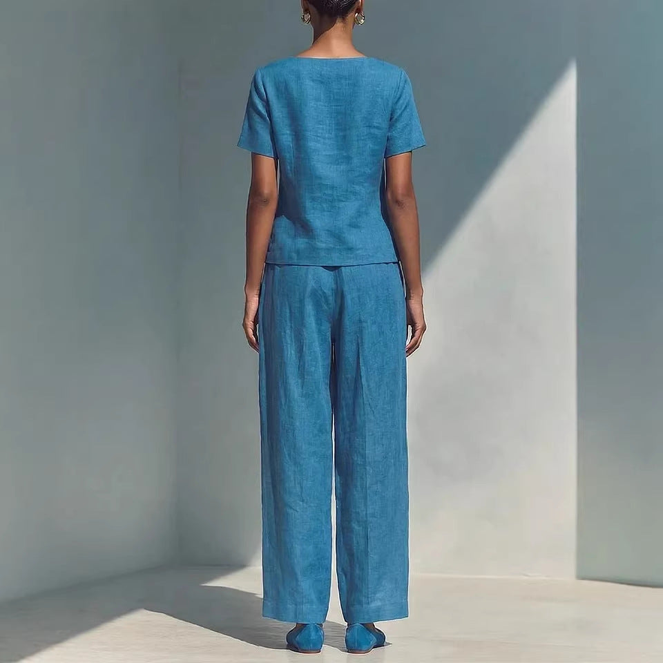 Women's Short Sleeve Square Neck Top and Buttoned Pant Set - Image 3