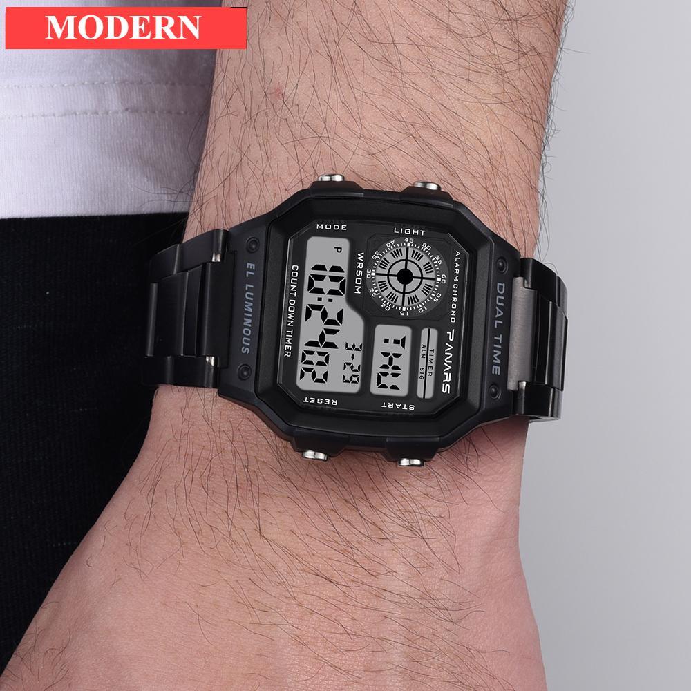 Unisex Retro Square Digital Sport Watch with Stainless Steel Band