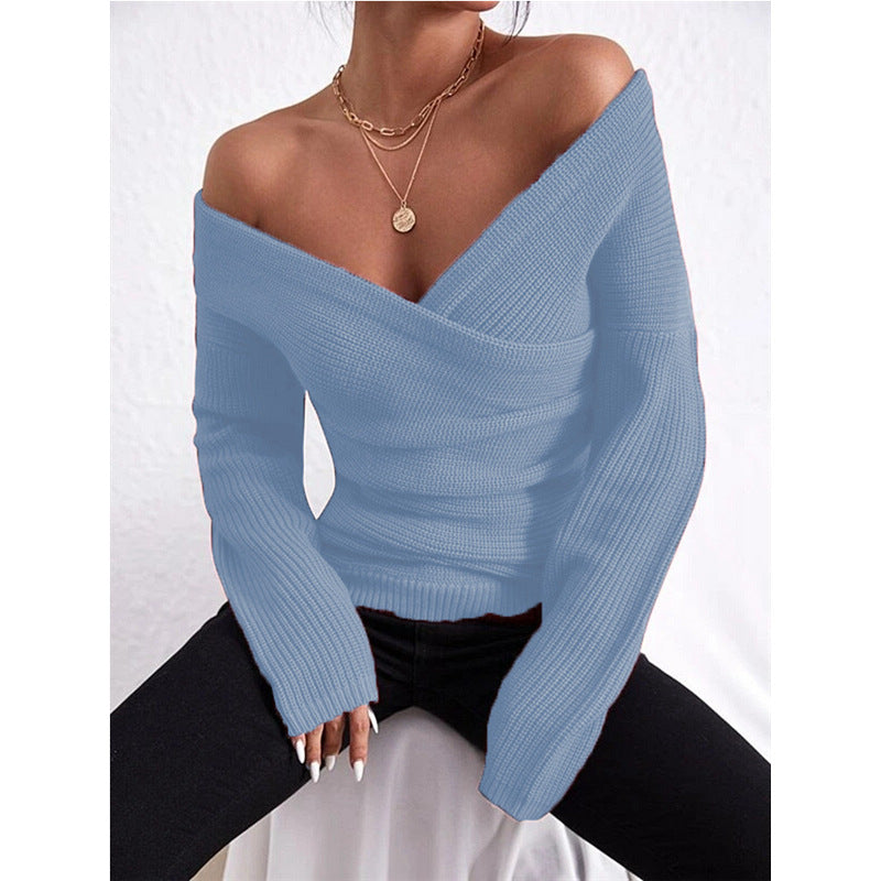 Women's Off-Shoulder Crossover Knit Sweater Long Sleeve Slim Fit - Image 4