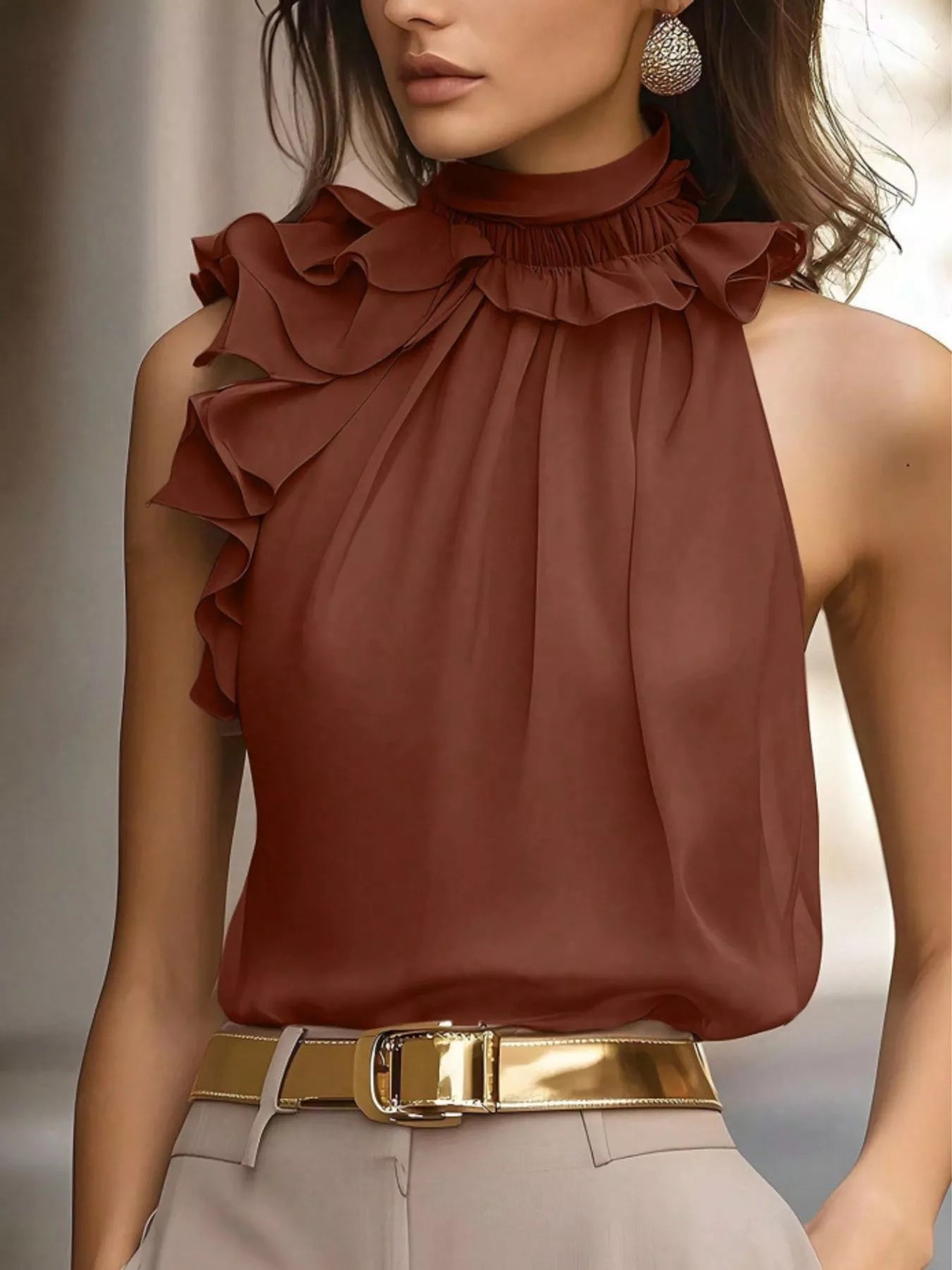 Ruffle High Neck Sleeveless Tank