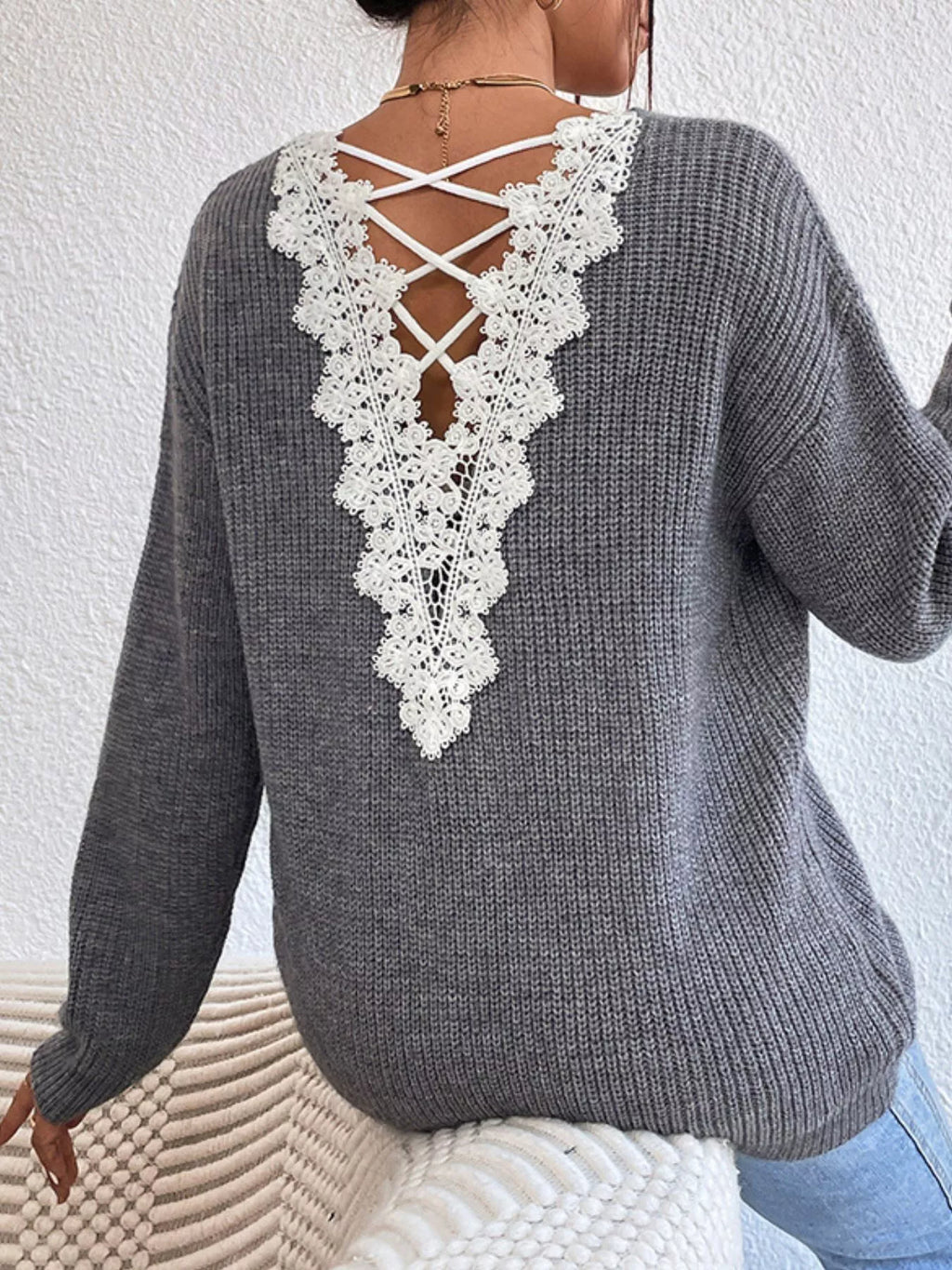 Lace-Trimmed Back V-Neck Sweater
