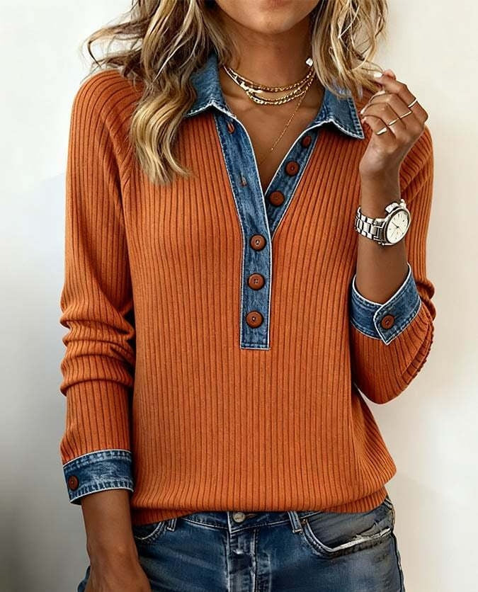 Denim Collar Patchwork Knit Pullover – Women’s Street Style Top