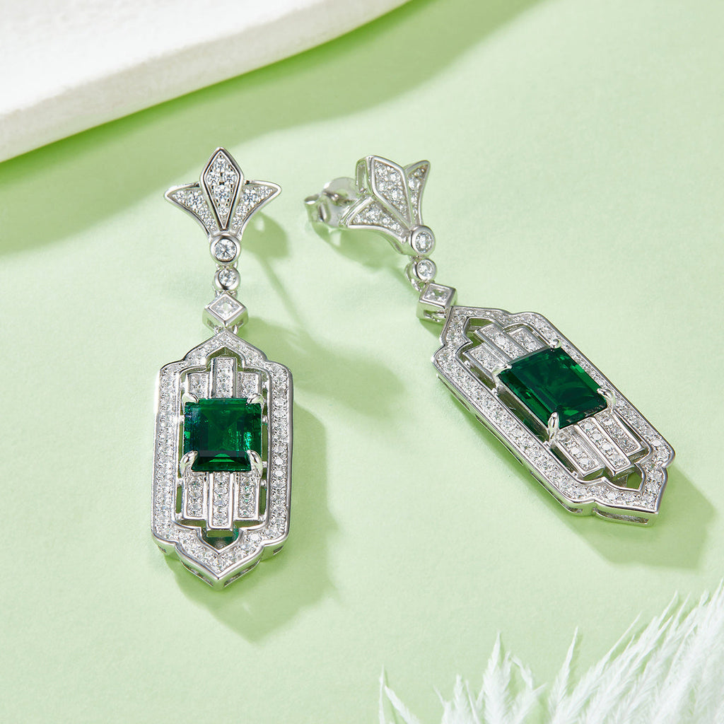 S925 Silver 11.3g Art Deco Lab-Created Emerald Drop Earrings, 3.65ct 9x7mm, Pair