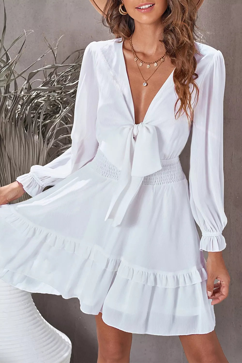 Elegant Tie-Front Ruffle Mini Dress with Smocked Wiast