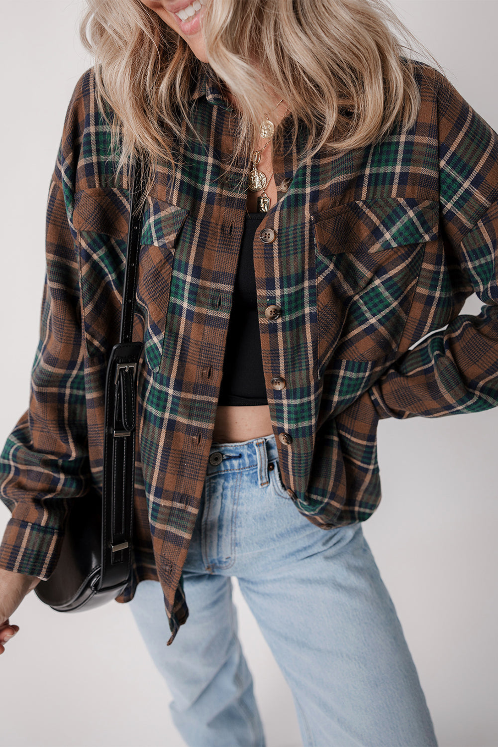 Women's Brown Plaid Button-Up Shacket with Chest Flap Pockets - Image 7