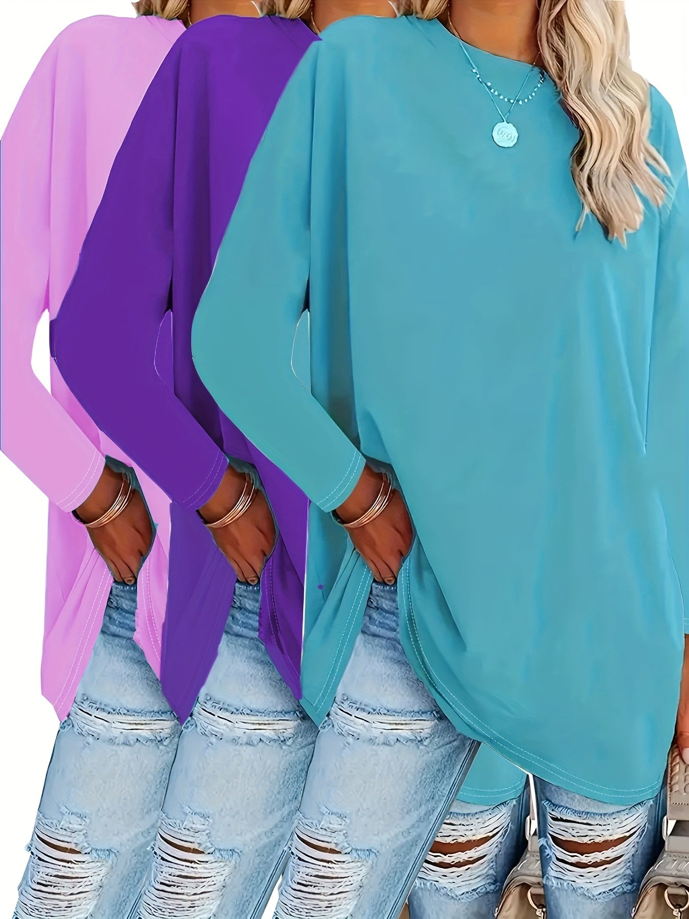 A variety of solid colored long sleeve crew neck tops in a loose fit style