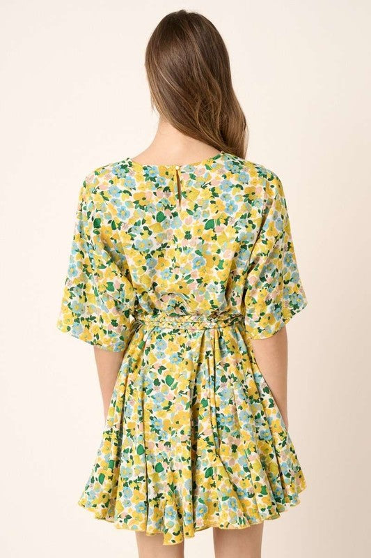 Floral Tie Waist Mini Dress - Half Sleeve Bohemian Summer Dress