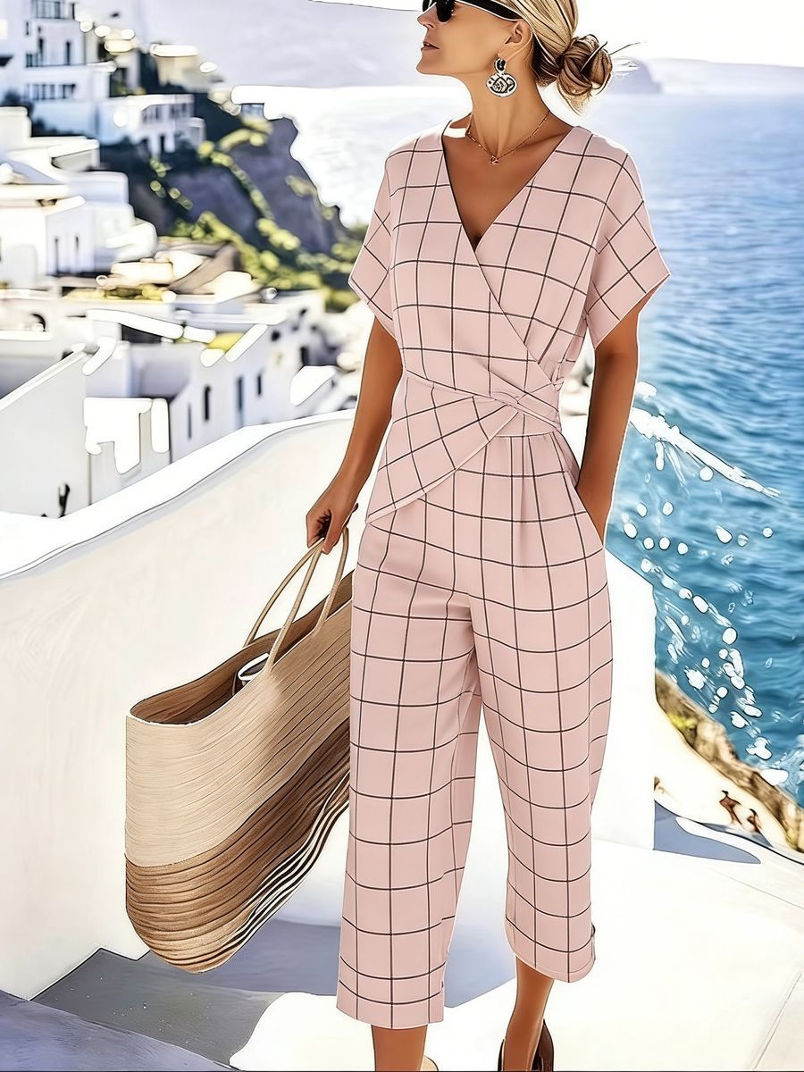 Women's V-Neck Short-Sleeve Jumpsuit with Waist Knot Detail - Image 14