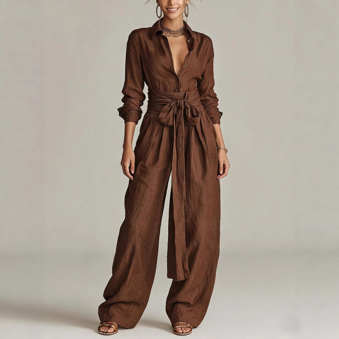Women Solid Color Long Sleeve Button Down Shirt and Pants Set