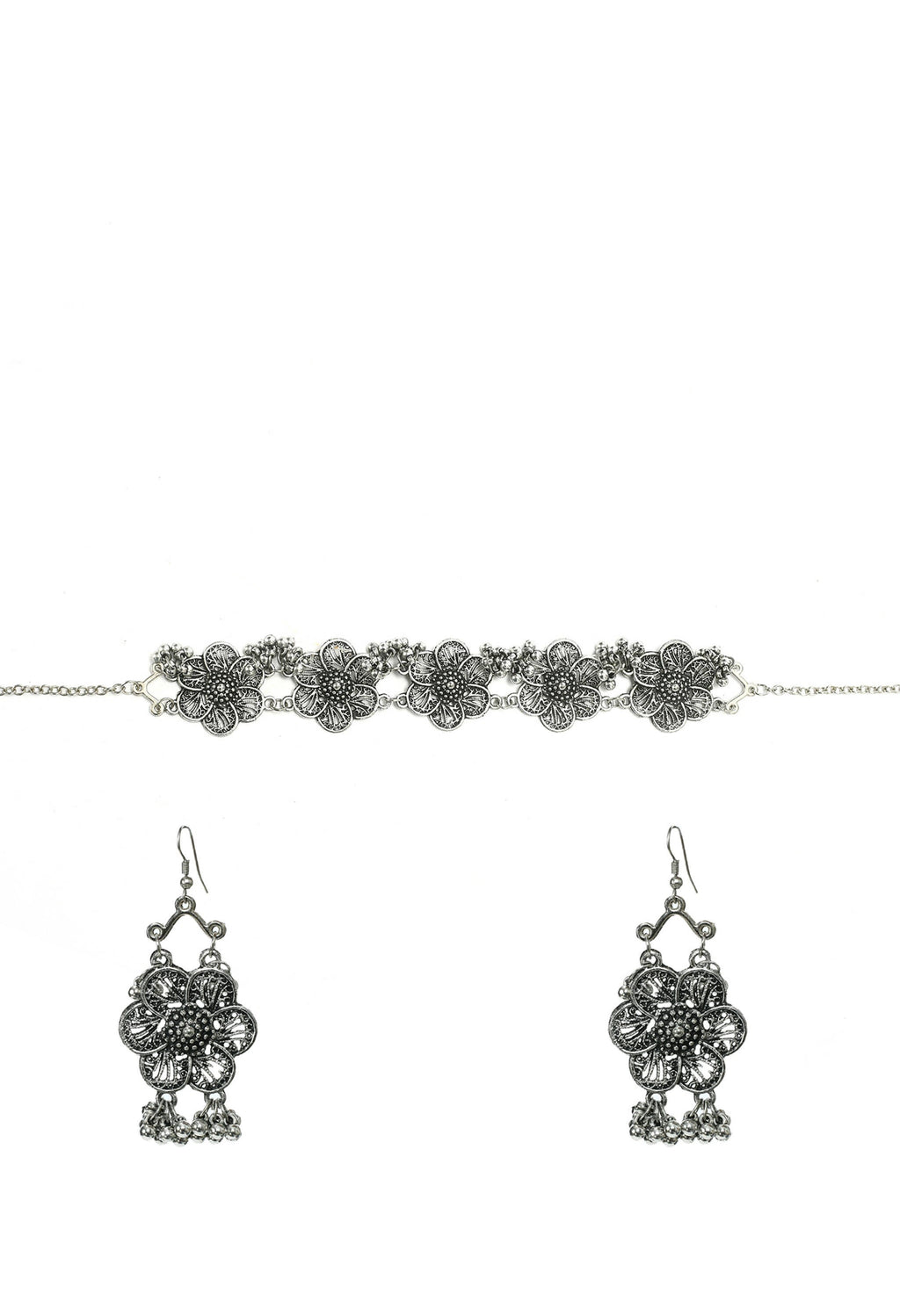 Silver-plated floral design oxidised brass choker necklace