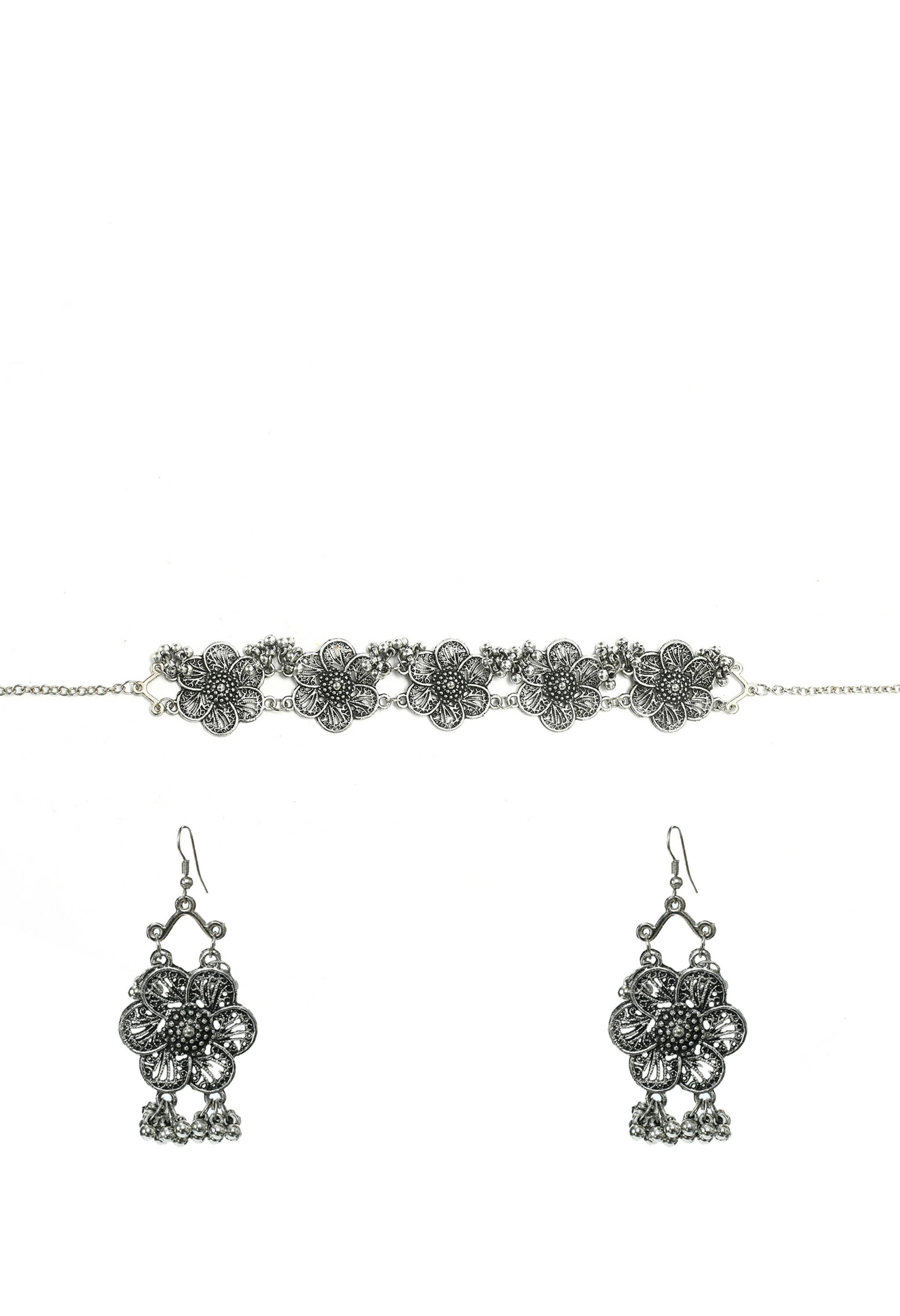 Silver-plated floral design oxidised brass choker necklace