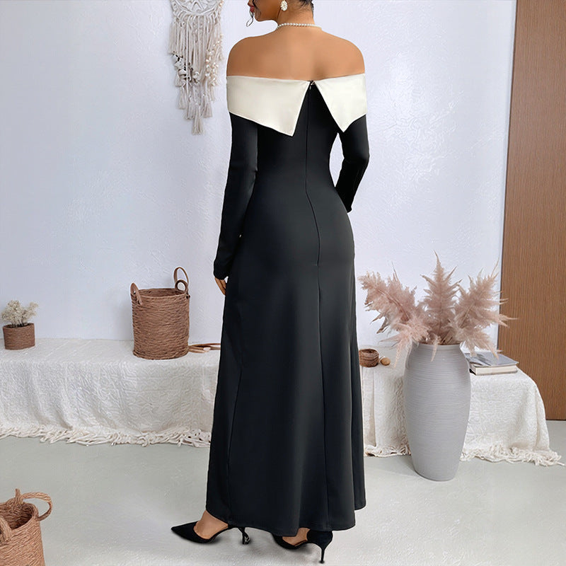Modern One Shoulder Patchwork Slim Long Dress Black White